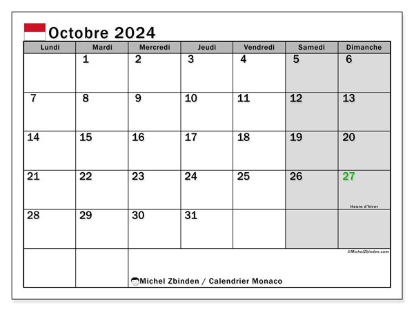 Kalender Oktober 2024, Monaco (FR). Plan zum Ausdrucken kostenlos.