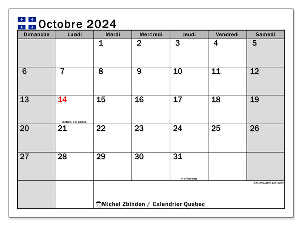 Kalender Oktober 2024, Quebec (FR). Plan zum Ausdrucken kostenlos.