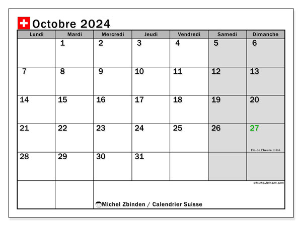 Kalender Oktober 2024, Schweiz (FR). Plan zum Ausdrucken kostenlos.