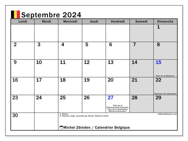 Kalender September 2024, Belgien (FR). Plan zum Ausdrucken kostenlos.