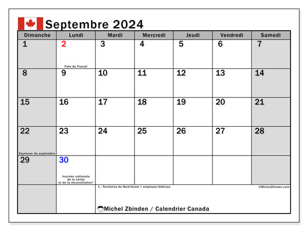 Kalender September 2024, Kanada (FR). Plan zum Ausdrucken kostenlos.
