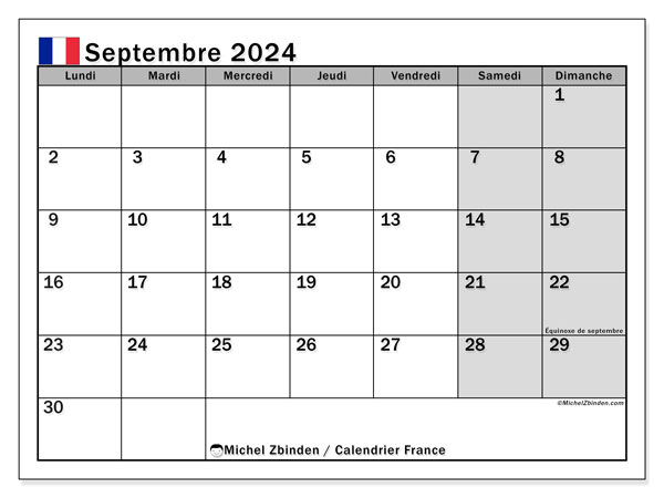 Kalender September 2024, Frankreich (FR). Plan zum Ausdrucken kostenlos.