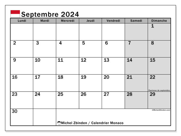 Kalender September 2024, Monaco (FR). Plan zum Ausdrucken kostenlos.