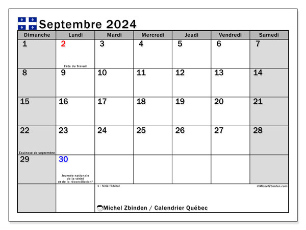 Kalender September 2024, Quebec (FR). Plan zum Ausdrucken kostenlos.