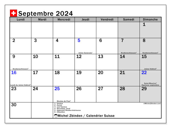 Kalender September 2024, Schweiz (FR). Plan zum Ausdrucken kostenlos.