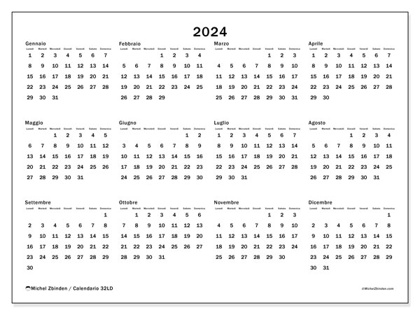 Calendario annuale 2024 “32”. Calendario da stampare gratuito.. Da lunedì a domenica