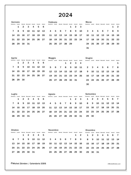 Calendario annuale 2024, 33DS. Piano da stampare gratuito.