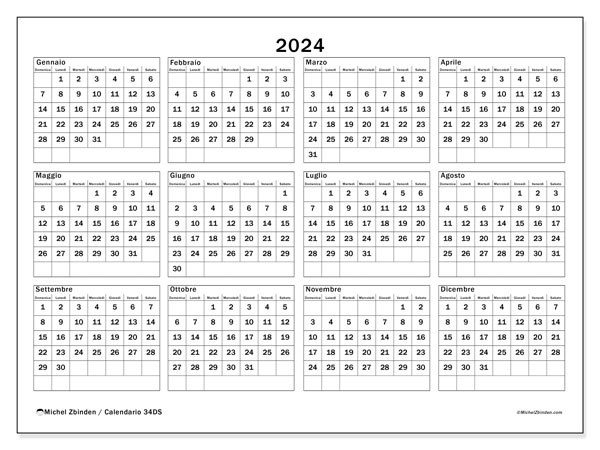 Calendario annuale 2024 “34”. Piano da stampare gratuito.. Da domenica a sabato