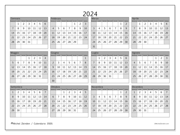 Calendario annuale 2024 “35”. Programma da stampare gratuito.. Da domenica a sabato