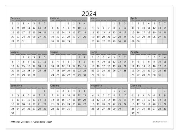 Calendario annuale 2024 “35”. Programma da stampare gratuito.. Da lunedì a domenica