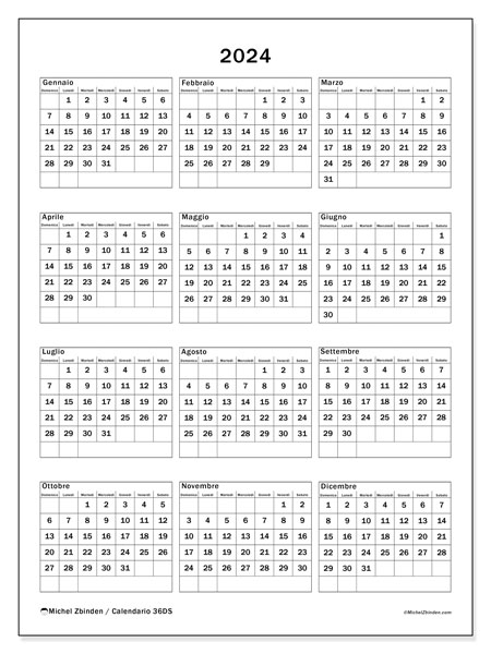 Calendario annuale 2024 “36”. Piano da stampare gratuito.. Da domenica a sabato