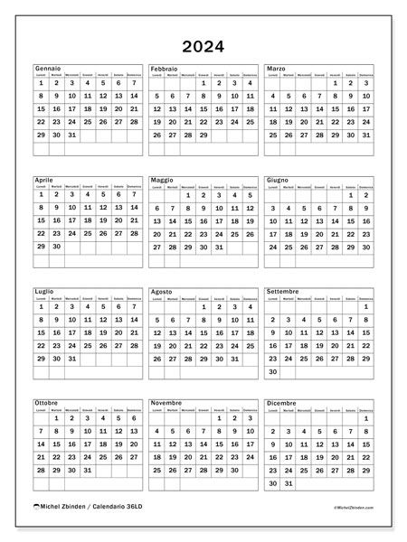 Calendario annuale 2024 “36”. Piano da stampare gratuito.. Da lunedì a domenica