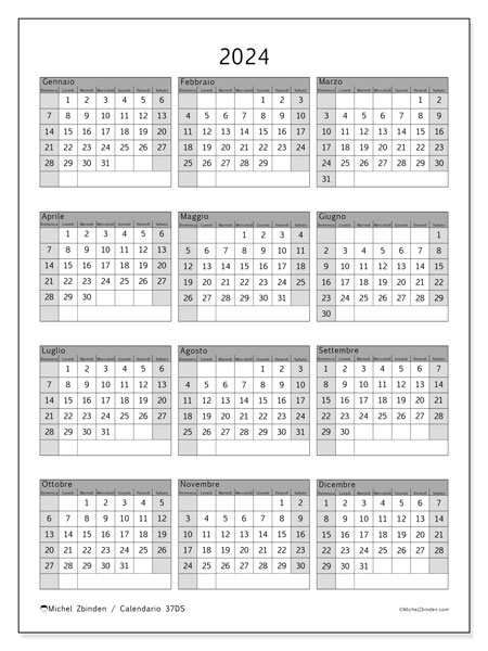 Calendario annuale 2024 “37”. Calendario da stampare gratuito.. Da domenica a sabato