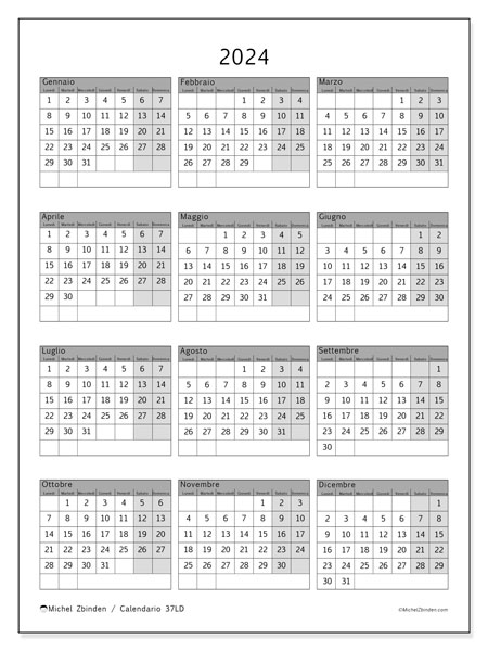 Calendario annuale 2024 “37”. Calendario da stampare gratuito.. Da lunedì a domenica