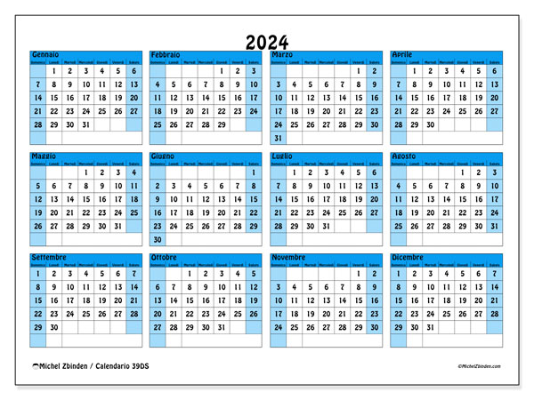 Calendario annuale 2024 “39”. Piano da stampare gratuito.. Da domenica a sabato