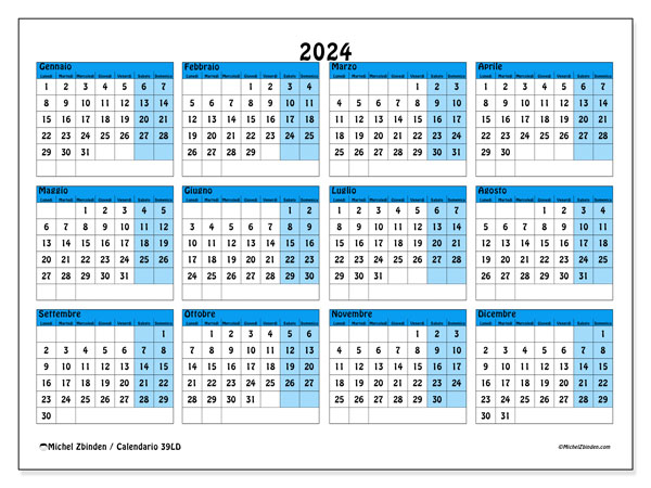 Calendario annuale 2024 “39”. Piano da stampare gratuito.. Da lunedì a domenica