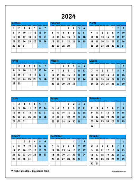 Calendario annuale 2024 “40”. Calendario da stampare gratuito.. Da lunedì a domenica