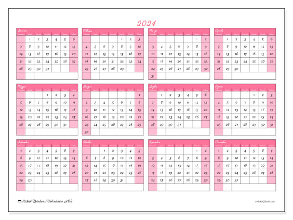 Calendario annuale 2024 “41”. Orario da stampare gratuito.. Da domenica a sabato