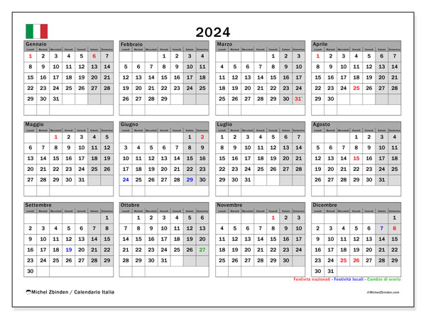 Calendario annuale 2024 “Italia”. Programma da stampare gratuito.. Da lunedì a domenica