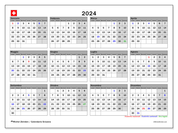 Calendario annuale 2024 “Svizzera”. Programma da stampare gratuito.. Da lunedì a domenica