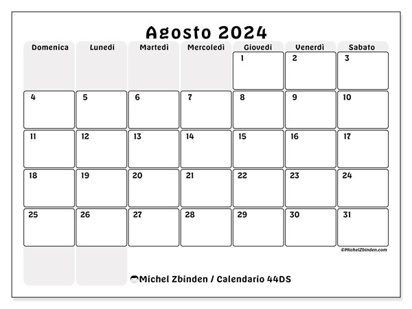 Calendario agosto 2024 “44”. Calendario da stampare gratuito.. Da domenica a sabato