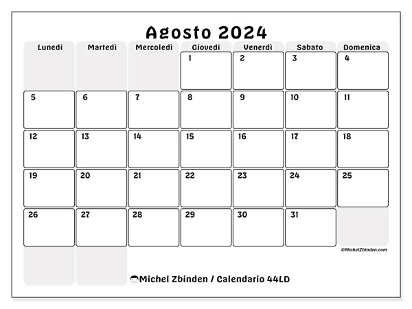 Calendario agosto 2024 “44”. Calendario da stampare gratuito.. Da lunedì a domenica
