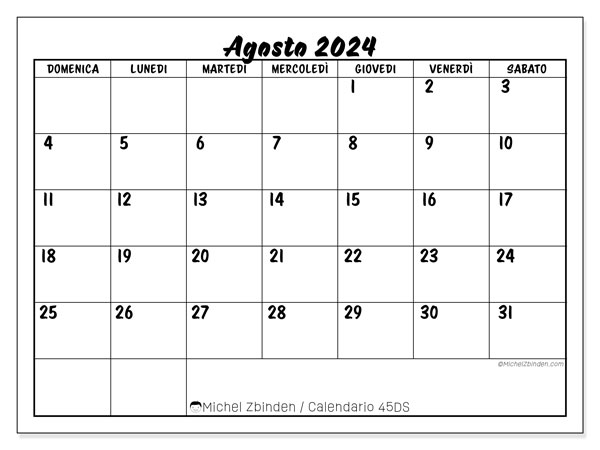 Calendario agosto 2024 “45”. Calendario da stampare gratuito.. Da domenica a sabato