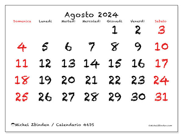 Calendario agosto 2024 “46”. Calendario da stampare gratuito.. Da domenica a sabato