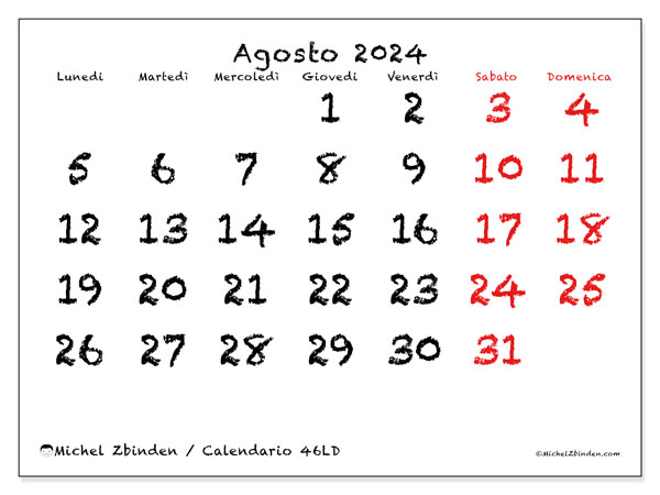 Calendario agosto 2024 “46”. Calendario da stampare gratuito.. Da lunedì a domenica