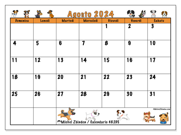 Calendario agosto 2024 “482”. Programma da stampare gratuito.. Da domenica a sabato