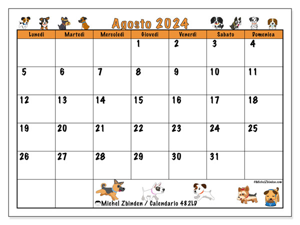 Calendario agosto 2024 “482”. Programma da stampare gratuito.. Da lunedì a domenica