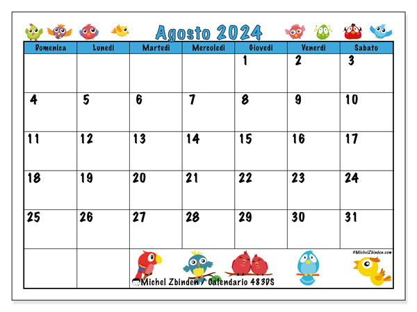 Calendario agosto 2024 “483”. Programma da stampare gratuito.. Da domenica a sabato