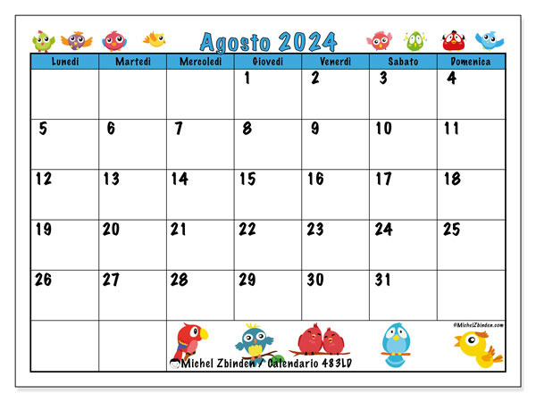 Calendario agosto 2024 “483”. Programma da stampare gratuito.. Da lunedì a domenica
