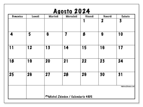 Calendario agosto 2024 “48”. Piano da stampare gratuito.. Da domenica a sabato