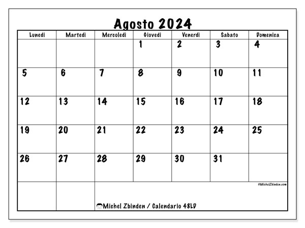 Calendario agosto 2024 “48”. Piano da stampare gratuito.. Da lunedì a domenica