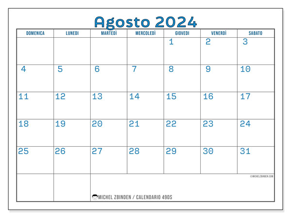 Calendario agosto 2024 “49”. Calendario da stampare gratuito.. Da domenica a sabato