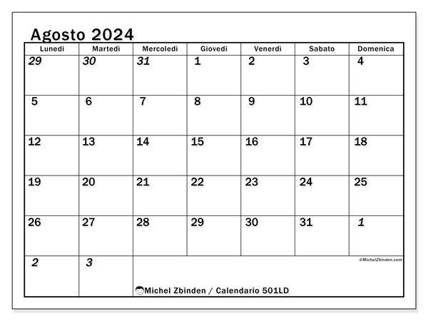 Calendario agosto 2024 “501”. Orario da stampare gratuito.. Da lunedì a domenica