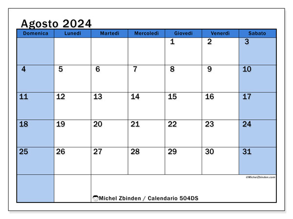 Calendario agosto 2024 “504”. Programma da stampare gratuito.. Da domenica a sabato