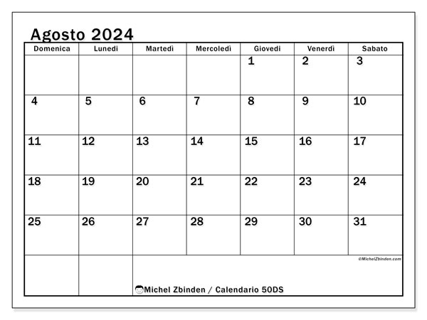 Calendario da stampare, agosto 2024, 50DS
