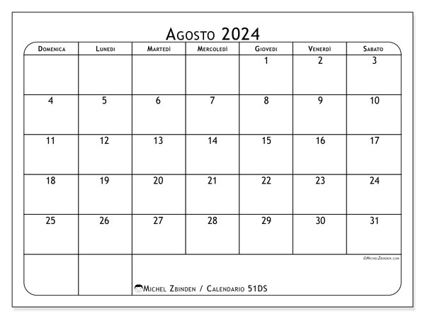 Calendario agosto 2024 “51”. Programma da stampare gratuito.. Da domenica a sabato