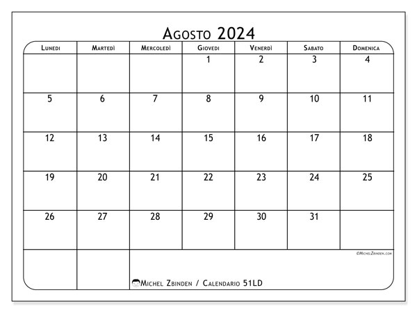 Calendario agosto 2024 “51”. Programma da stampare gratuito.. Da lunedì a domenica