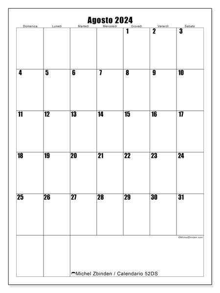 Calendario agosto 2024 “52”. Calendario da stampare gratuito.. Da domenica a sabato