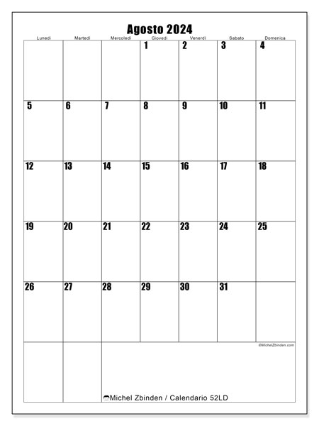 Calendario agosto 2024 “52”. Calendario da stampare gratuito.. Da lunedì a domenica