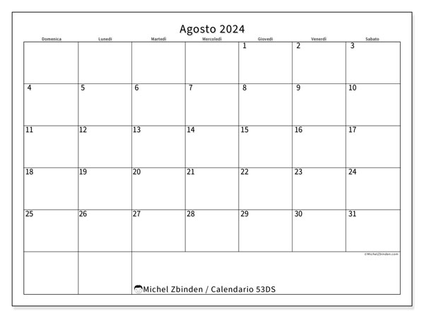 Calendario agosto 2024 “53”. Calendario da stampare gratuito.. Da domenica a sabato