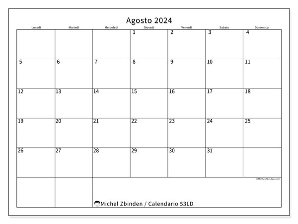 Calendario agosto 2024, 53LD. Orario da stampare gratuito.