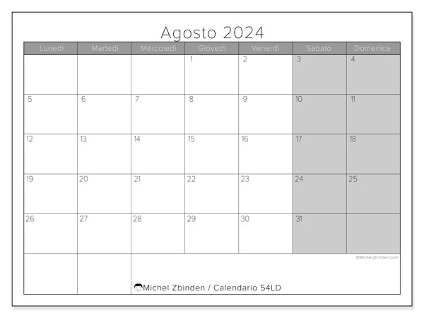 Calendario agosto 2024 “54”. Piano da stampare gratuito.. Da lunedì a domenica