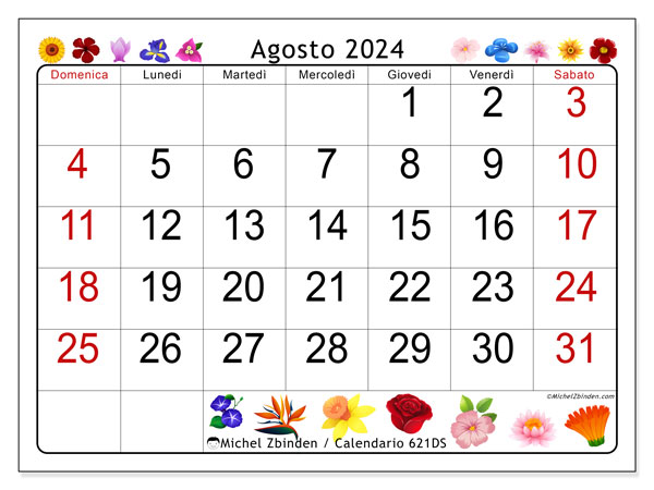 Calendario agosto 2024 “621”. Piano da stampare gratuito.. Da domenica a sabato