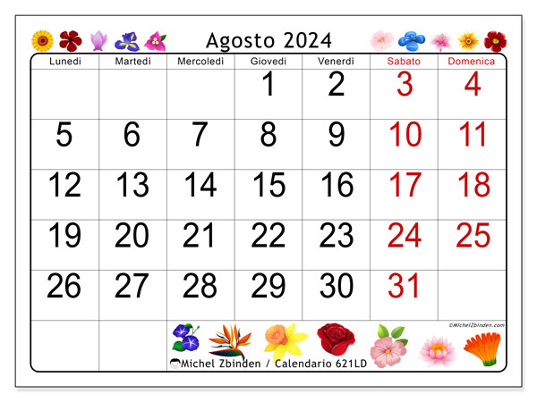 Calendario agosto 2024 “621”. Piano da stampare gratuito.. Da lunedì a domenica
