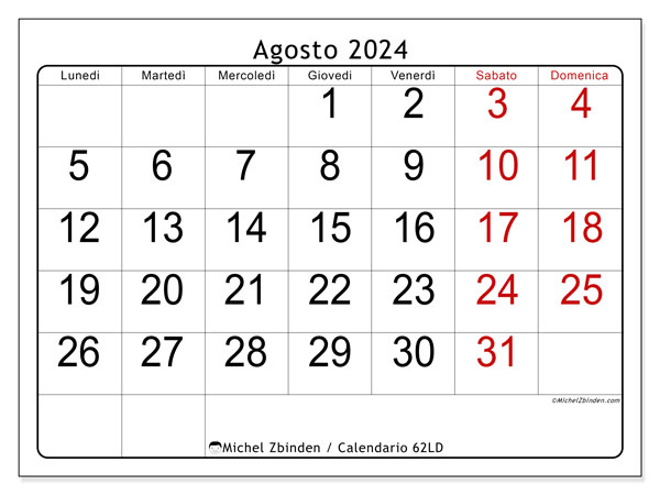 Calendario agosto 2024 “62”. Piano da stampare gratuito.. Da lunedì a domenica