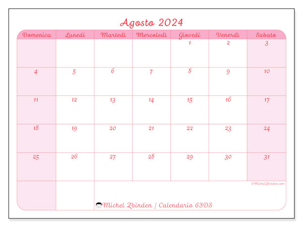 Calendario agosto 2024 “63”. Programma da stampare gratuito.. Da domenica a sabato
